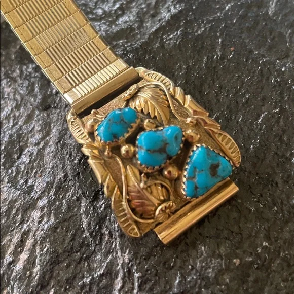 Gold 14K Native American Turquoise Vintage Watch Tips signed Walley - Picture 2 of 15